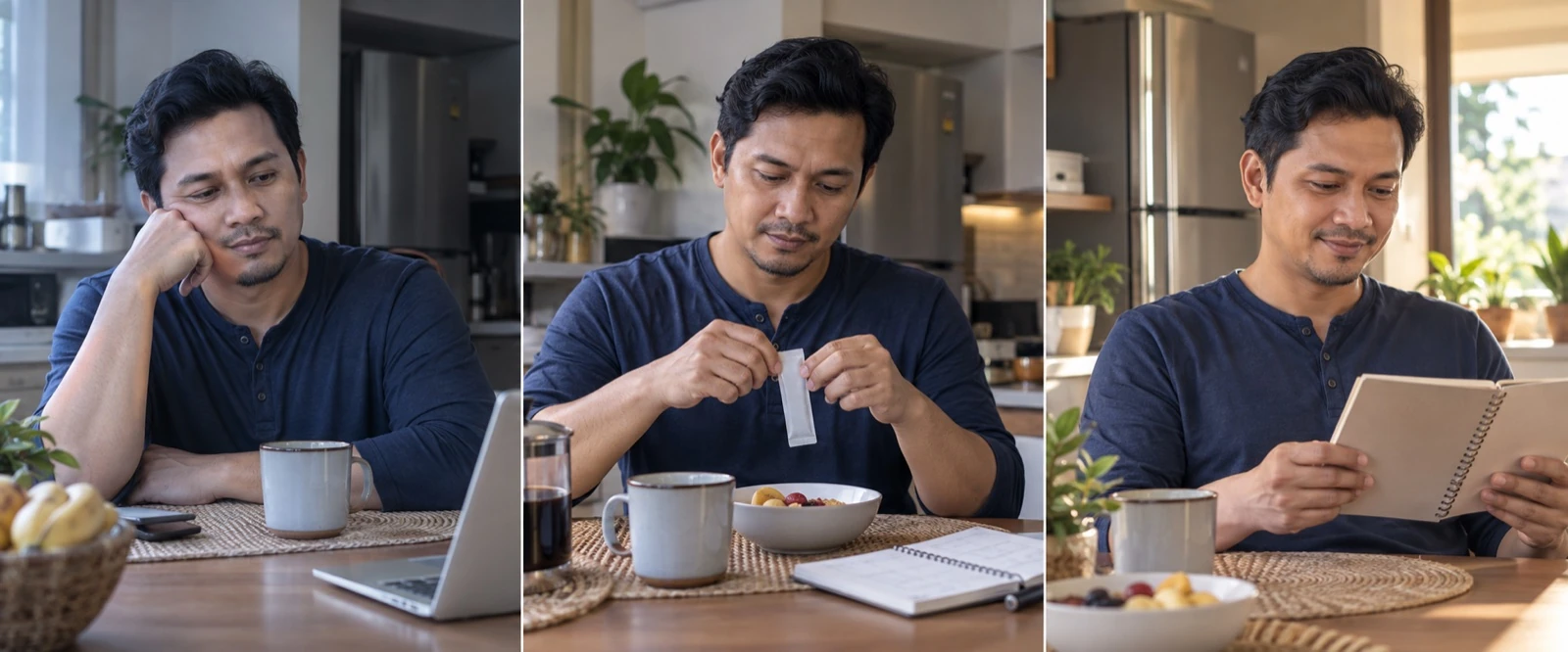 Ilustrasi lelaki sebelum memulakan rutin, ketika membina rutin dan ketika menilai rutin pada hari ke-30